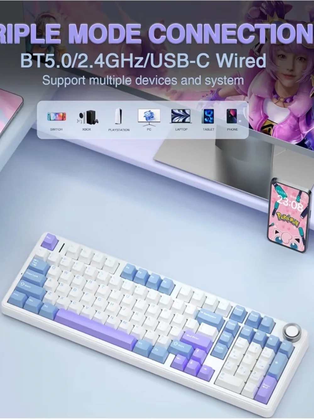 AULA F99 Pro Tri-Mode Wireless Mechanical Keyboard w/ Knob, Blue Purple White